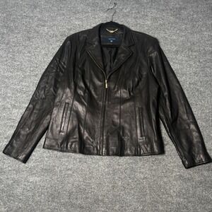 Cole Haan Women XXL Black Lambskin Leather Jacket Wing Collar Gold Zip 356M2209